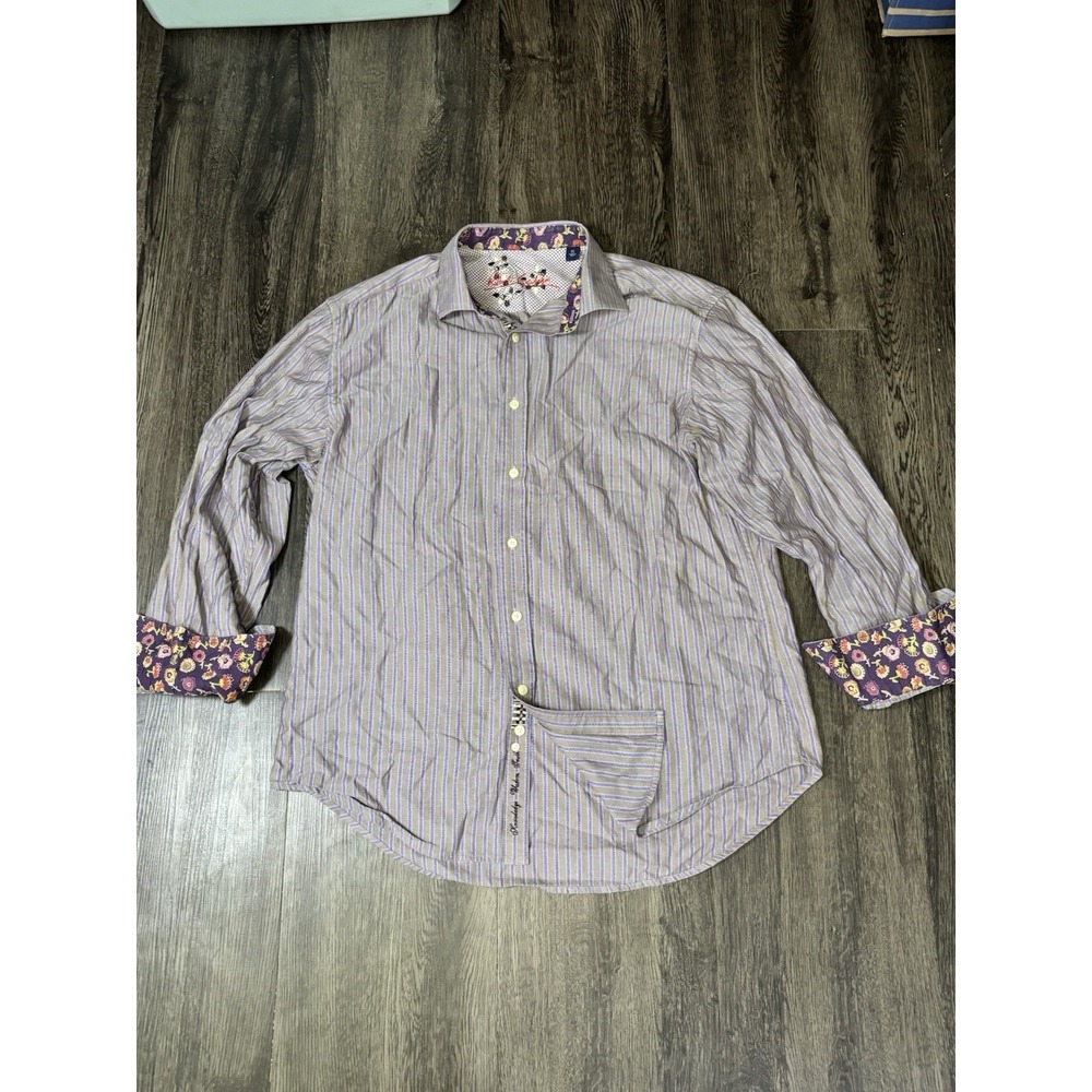 Robert Graham Shirt Mens XL Purple Gray Striped Long Sleeve Floral Cuff Cotton